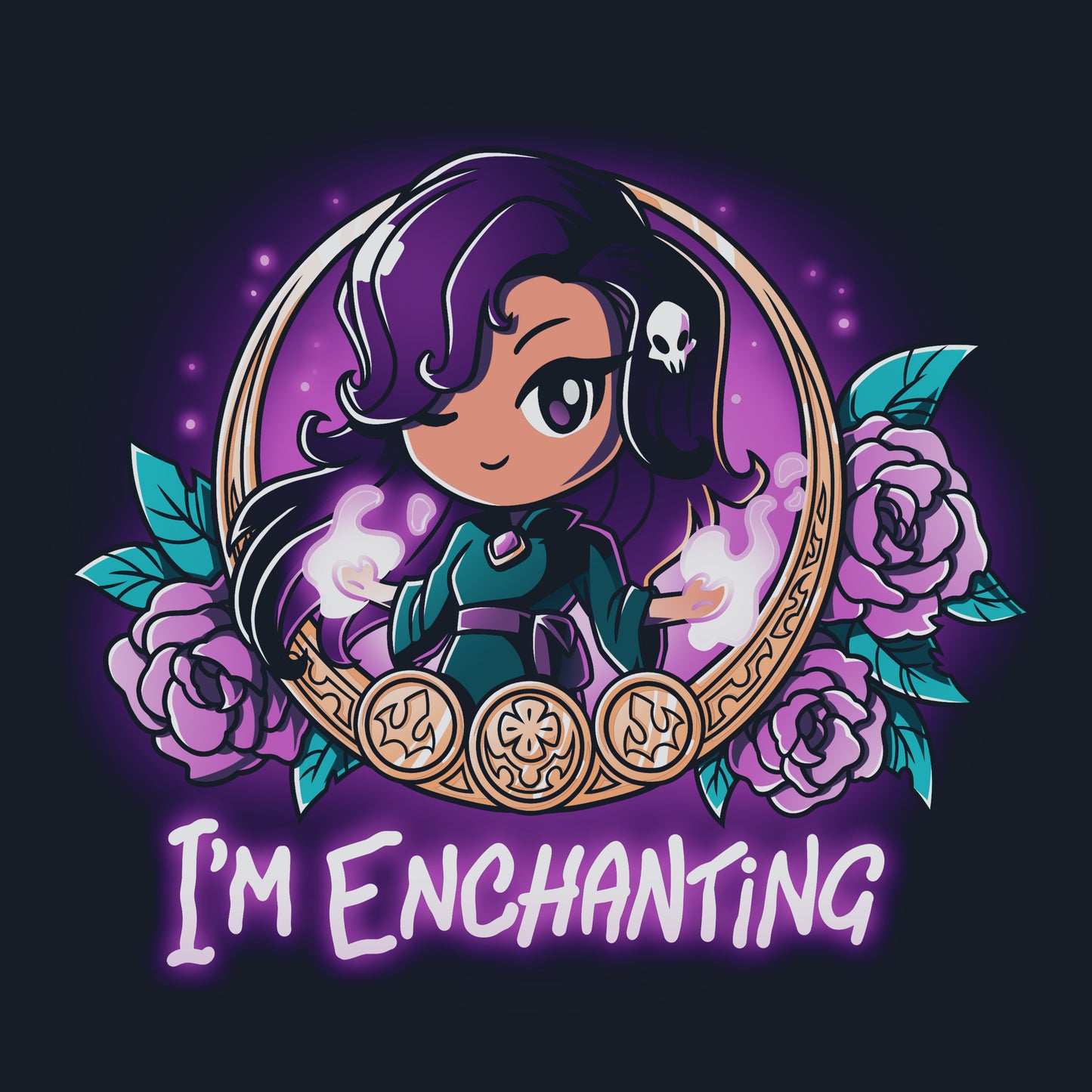 Premium Cotton T-shirt_TeeTurtle I'm Enchanting navy blue t-shirt featuring an illustration of a girl positioned within a gold-edged, ornate frame decorated with purple flowers and leaves winking her purple eyes with a white skull in her purple hair. "I'M ENCHANTING" is written underneath.