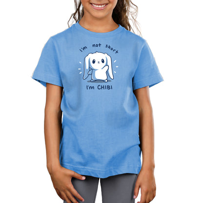 Premium Cotton T-shirt_TeeTurtle I'm Not Short, I'm Chibi! light blue t-shirt featuring a white bunny with long floppy ears waving. "I'm not short" is written on top, and "I'm CHIBI" is written underneath.