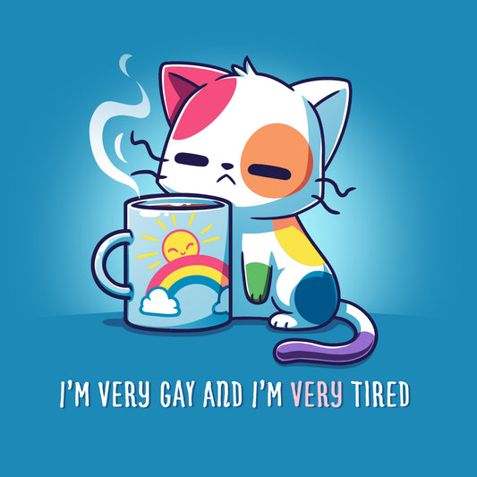 A cartoon cat with colorful patches holds a steaming cup featuring a rainbow and the sun. Text below reads, 