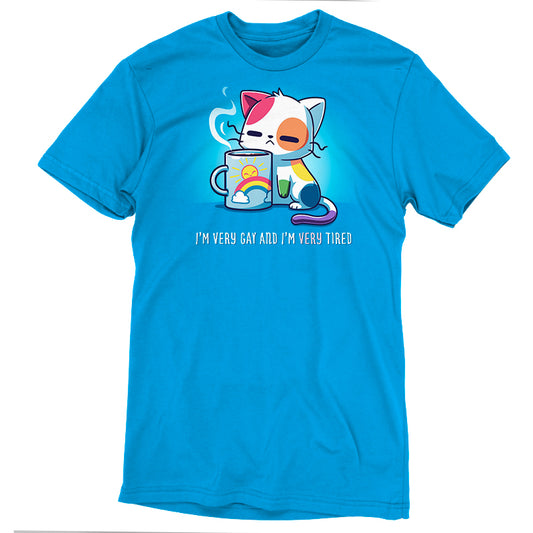 Cobalt blue t-shirt featuring a cartoon cat holding a coffee mug. The text reads: 