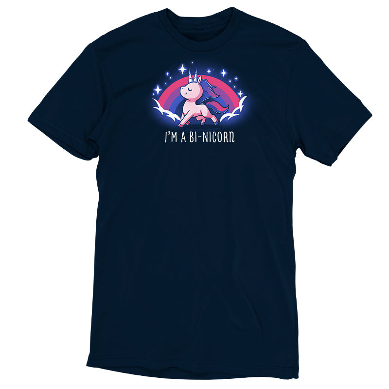 Premium Cotton T-shirt_TeeTurtle I'm a Bi-Nicorn navy blue t-shirt featuring a pride unicorn with two horns and a pink purple and blue flag behind it.