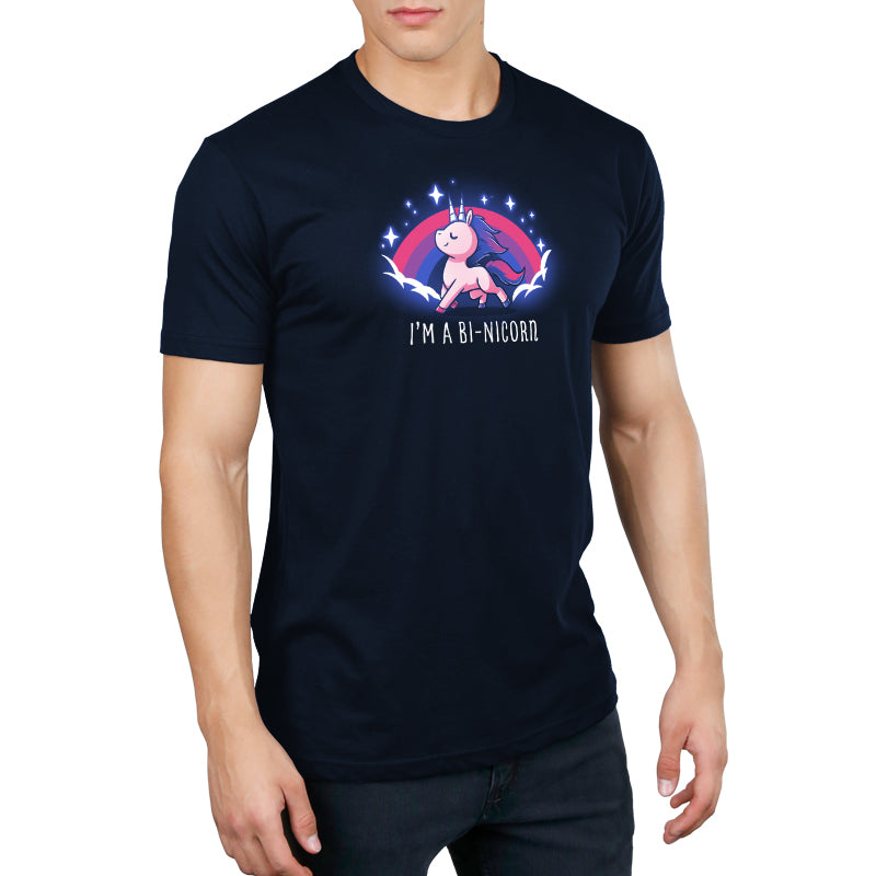 Premium Cotton T-shirt_TeeTurtle I'm a Bi-Nicorn navy blue t-shirt featuring a pride unicorn with two horns and a pink purple and blue flag behind it.