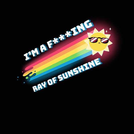 Illustration of an anthropomorphic sun wearing sunglasses, emitting a rainbow trail with the text 