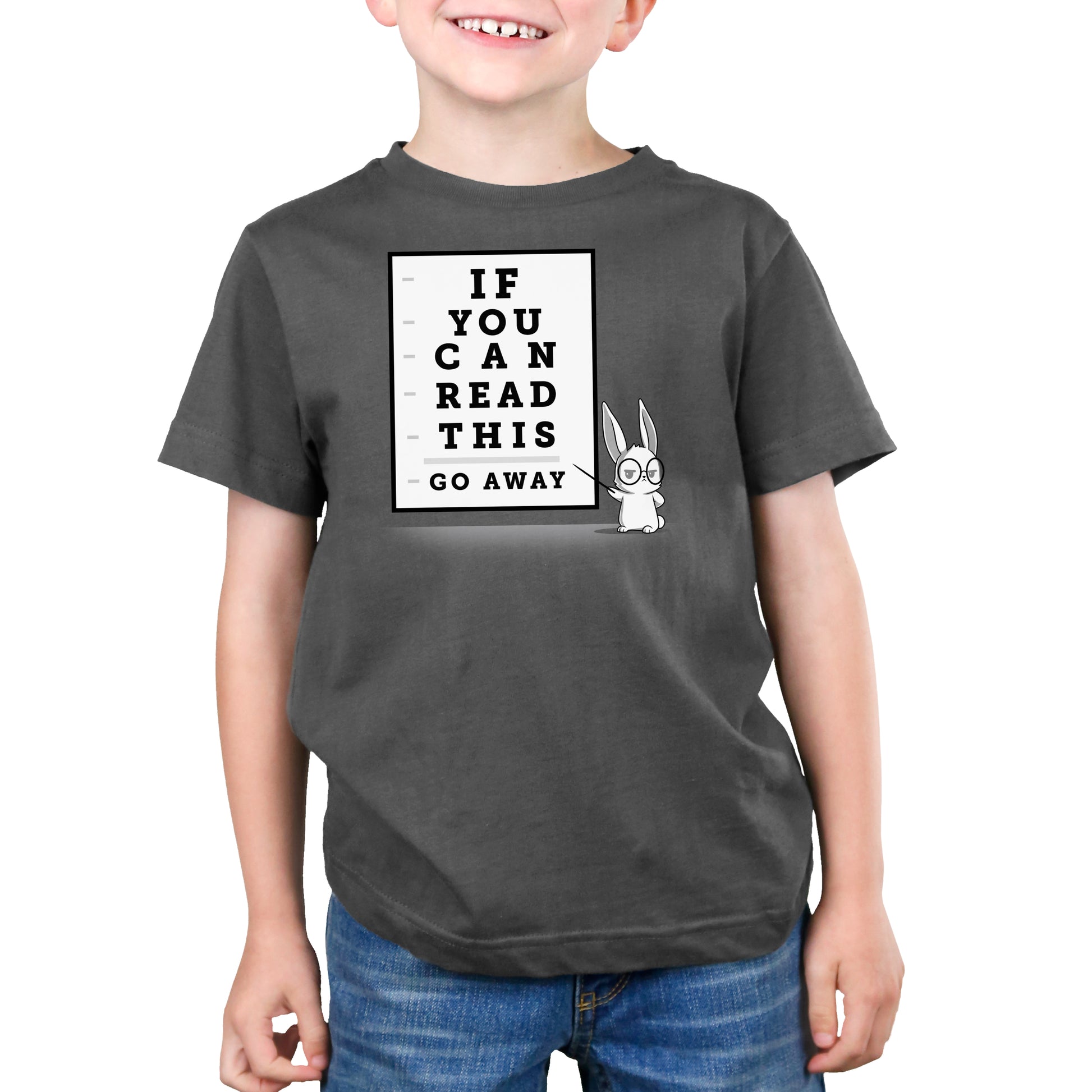 Premium Cotton T-shirt - Child wearing a charcoal gray apparel with a chart featuring a cartoon rabbit and text reading, "IF YOU CAN READ THIS GO AWAY." The super soft ringspun cotton monsterdigital If You Can Read This, Go Away apparelhas the child smiling and standing with hands at their side.