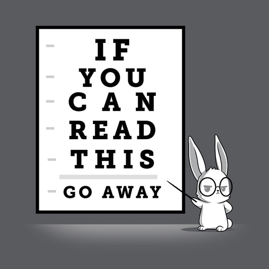 A cartoon rabbit wearing glasses points to an eye chart that reads, 
