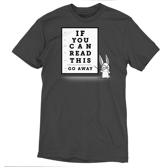 A charcoal gray T-shirt with an illustration of a bunny wearing glasses. Next to the bunny, there is an eye chart that reads 