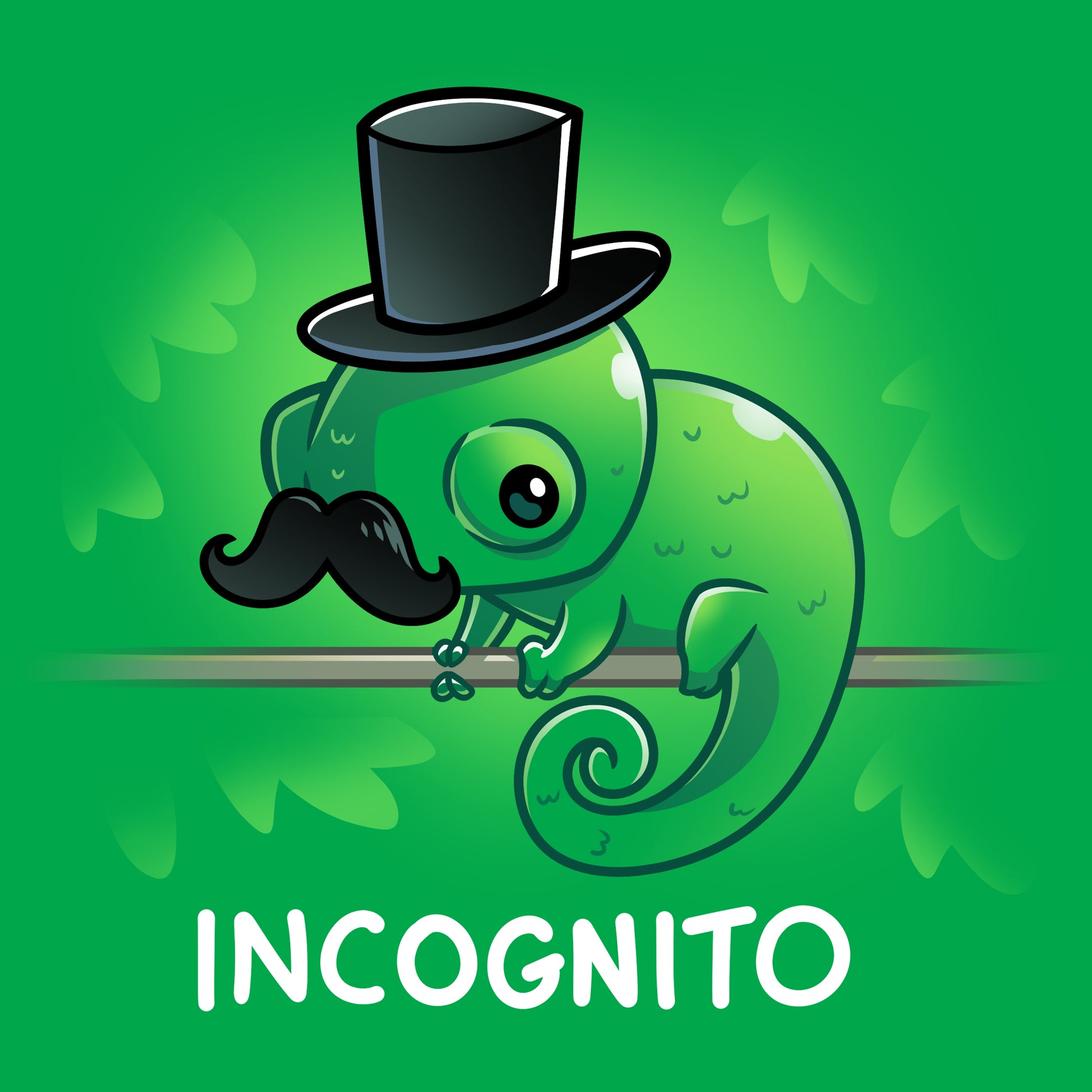 Premium Cotton T-shirt_TeeTurtle Incognito apple green apparel featuring a chameleon wearing a top hat and moustache perched on a stick hidden among leaves.