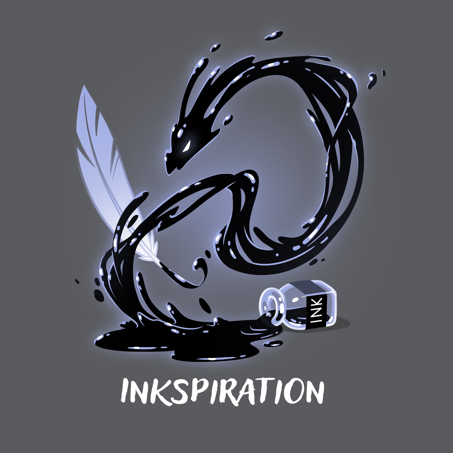 Premium Cotton T-shirt_TeeTurtle Inkspiration charcoal gray t-shirt featuring a feather quill that appears to transform into a black dragon-like swirl above an ink bottle, with the word "INKSPIRATION" below.