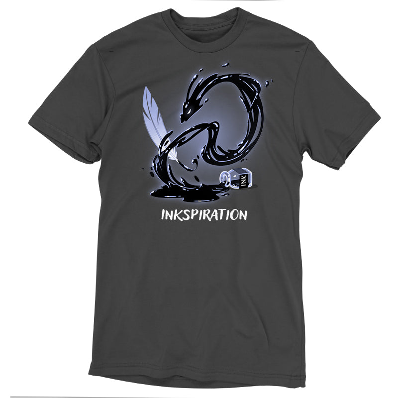 Premium Cotton T-shirt_TeeTurtle Inkspiration charcoal gray t-shirt featuring a feather quill that appears to transform into a black dragon-like swirl above an ink bottle, with the word "INKSPIRATION" below.