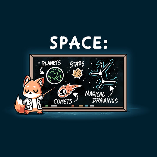 A cartoon fox in a lab coat points to a chalkboard covered with space drawings of planets, stars, comets, and magical illustrations labeled 