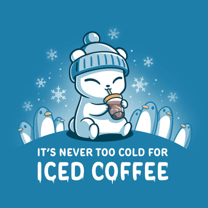 Premium Cotton T-shirt_TeeTurtle cobalt blue It's Never Too Cold for Iced Coffee apparel featuring a polar bear drinking iced coffee surrounded by penguins while it's snowing.