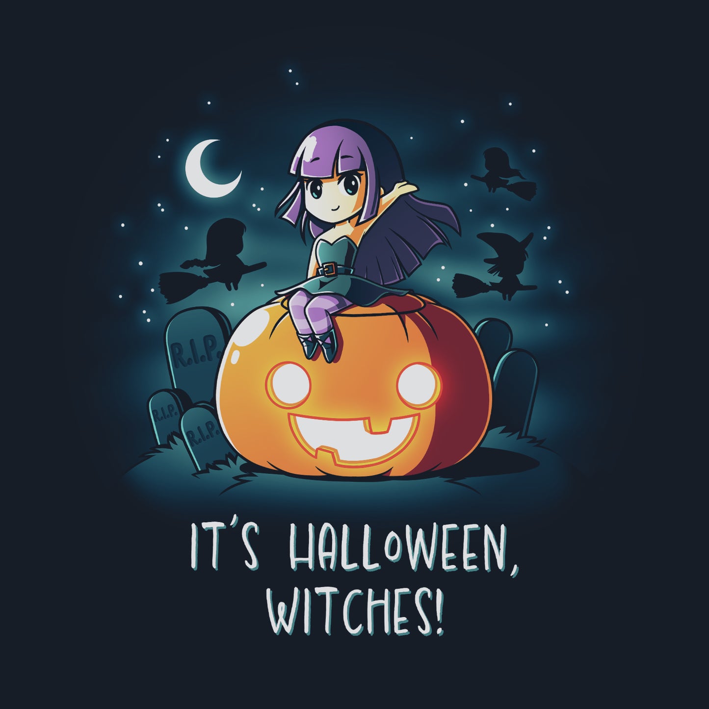 Premium Cotton T-shirt_TeeTurtle It's Halloween, Witches! navy blue t-shirt featuring an illustration of a witch with purple hair wearing a green dress with purple tights sitting on top of a large, smiling orange jack-o-lantern in a graveyard filled with tombstones that say R.I.P. The background features silhouettes of three black witches on broomsticks flying in the starry sky that features a quarter moon. "IT'S HALLOWEEN WITCHES!" is written underneath.