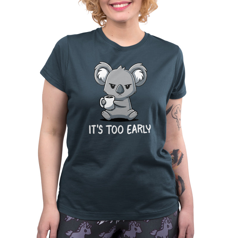 Premium Cotton T-shirt_Teeturtle It's Too Early denim t-shirt featuring a grumpy Koala gripping a cup of coffee with 'It's Too Early' written underneath.