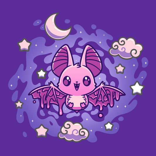 A cute cartoon bat with pink and purple hues flutters amidst stars, clouds, and a crescent moon on a purple background—a delightful design perfect for an Itty Bitty Bat by monsterdigital.