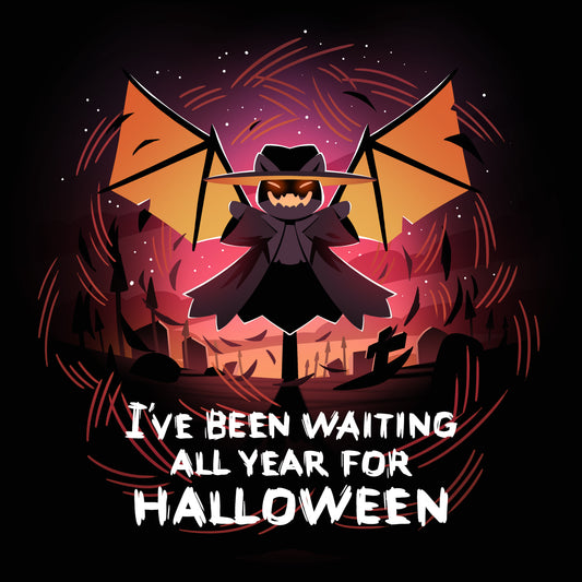 Premium Cotton T-shirt_TeeTurtle black I've Been Waiting All Year For Halloween featuring a Halloween scarecrow in a spooky field.