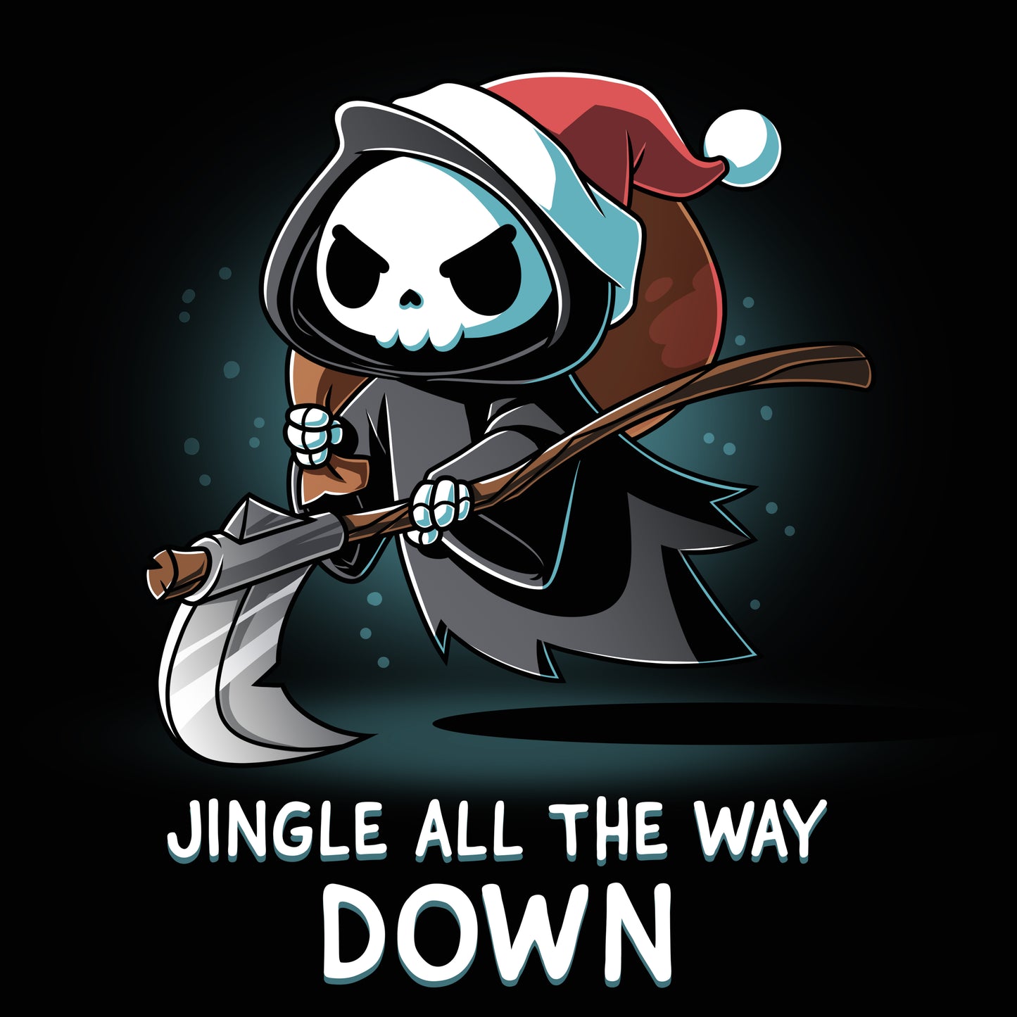 Premium Cotton T-shirt_TeeTurtle black Jingle All the Way Down apparel featuring the Grim Reaper wearing a Santa hat carrying a sack, and scythe.