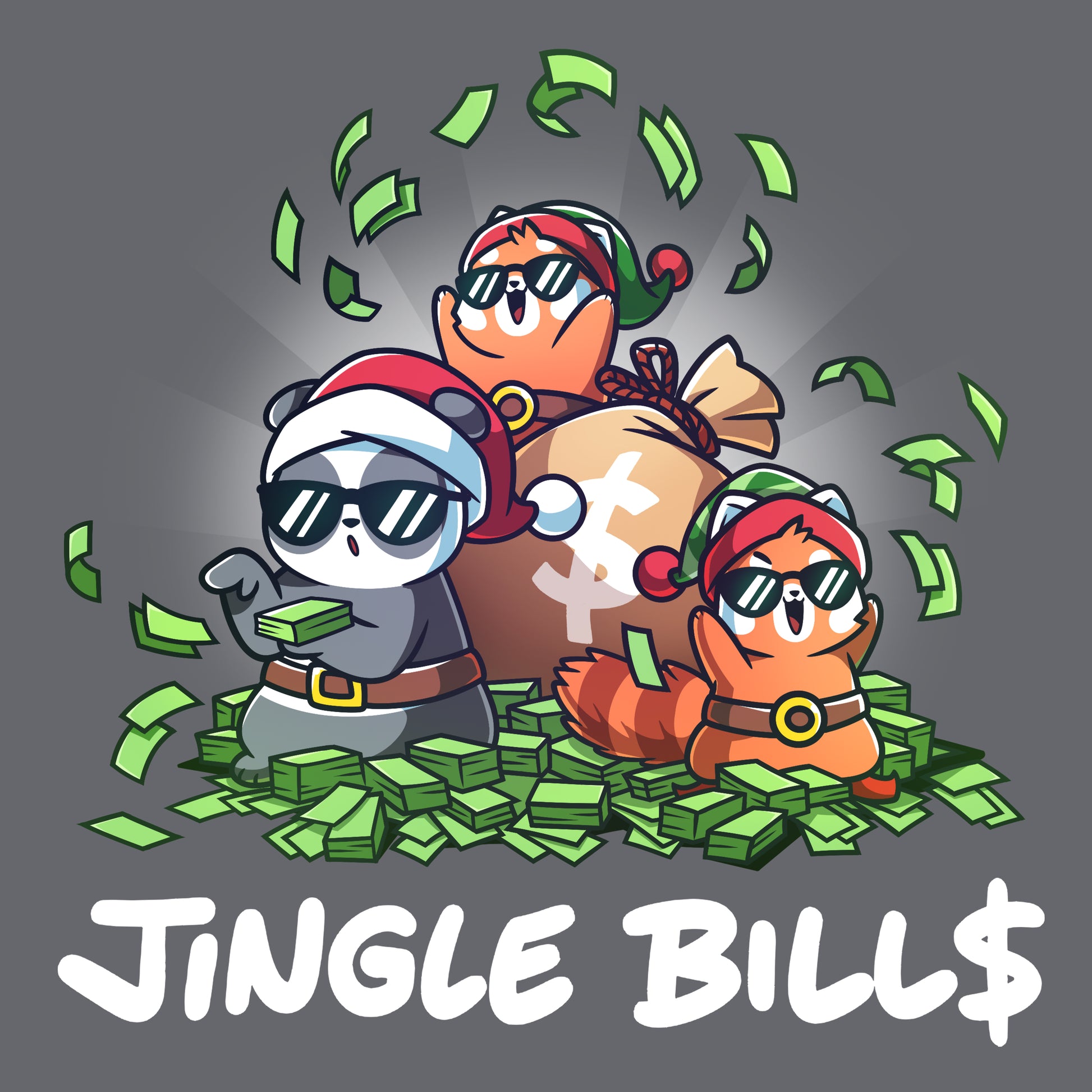 Premium Cotton T-shirt_TeeTurtle charcoal gray Jingle Bills apparel featuring a panda, and two red pandas wearing Santa hats and sunglasses sitting on a pile of money and throwing bills in the air.