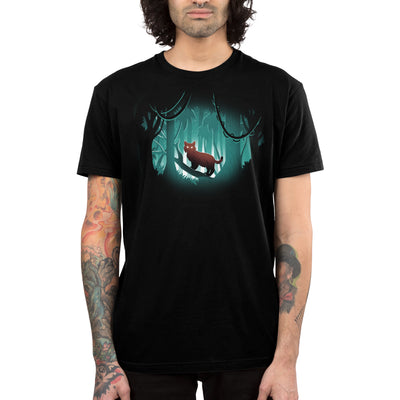 Premium Cotton T-shirt_TeeTurtle black Jungle Lynx apparel featuring a lurking lynx standing on a fallen branch in the middle of a starlit jungle.