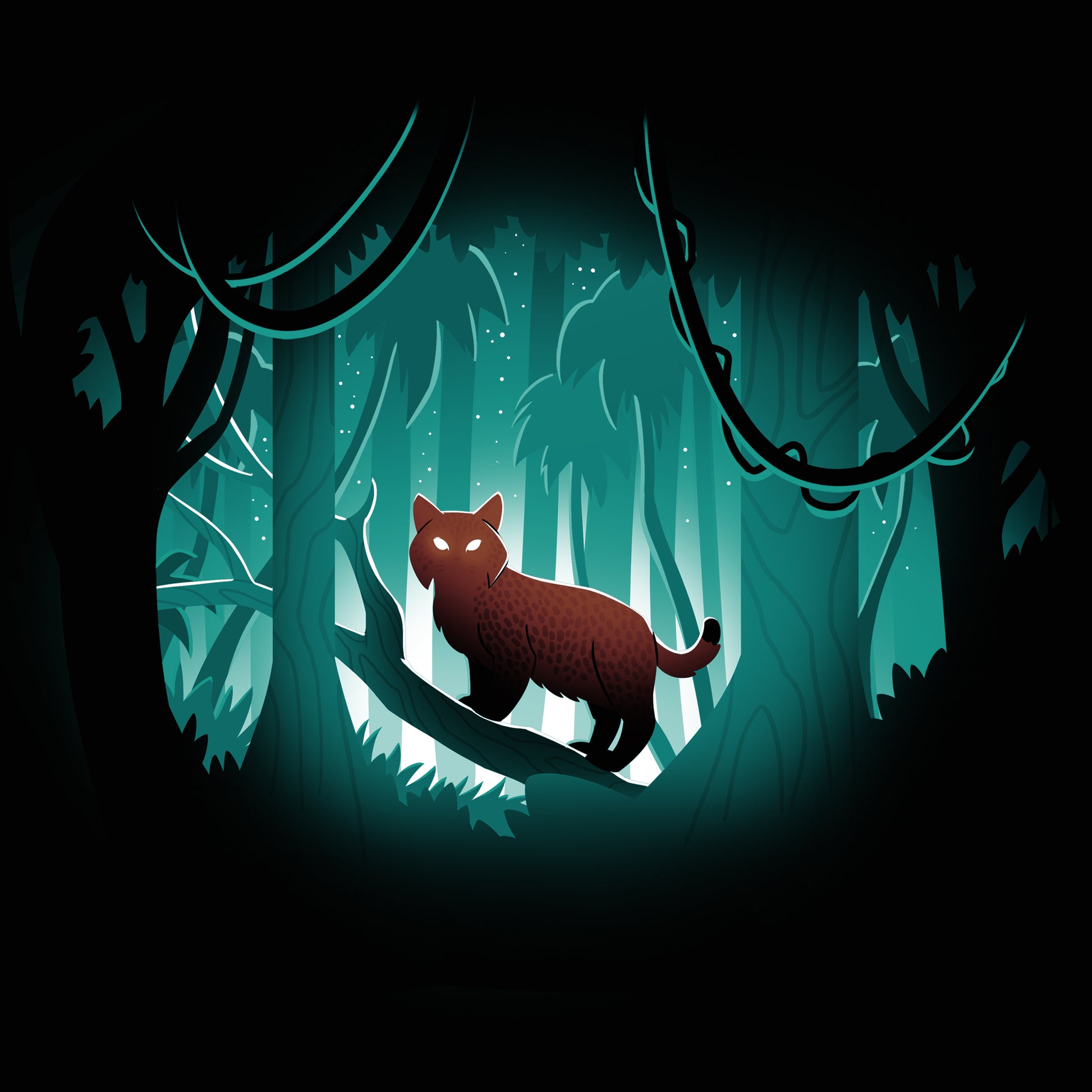 Premium Cotton T-shirt_TeeTurtle Jungle Lynx black t-shirt featuring a lynx standing on a fallen branch in the middle of a starlit jungle.