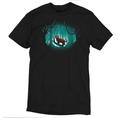 Premium Cotton T-shirt_TeeTurtle black Jungle Lynx apparel featuring a lurking lynx standing on a fallen branch in the middle of a starlit jungle.
