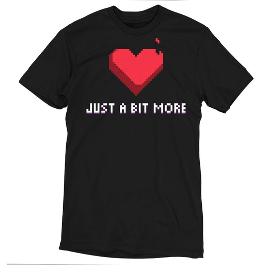 A super soft ringspun cotton black T-shirt featuring a pixelated red heart with a small missing piece and the text 