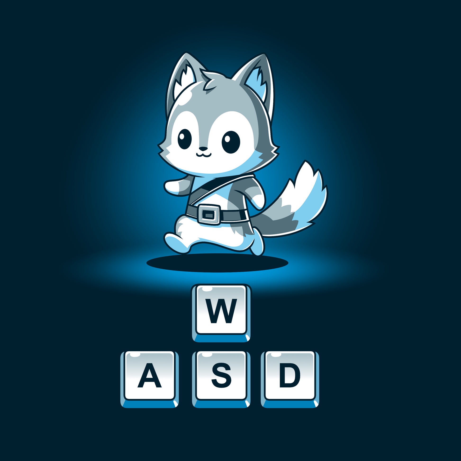 A cute, blue animated fox character is walking. Below it are the W, A, S, and D keyboard keys commonly used in PC games. The design is printed on a super soft ringspun cotton, navy blue Keys to Adventure t-shirt by monsterdigital for ultimate comfort.