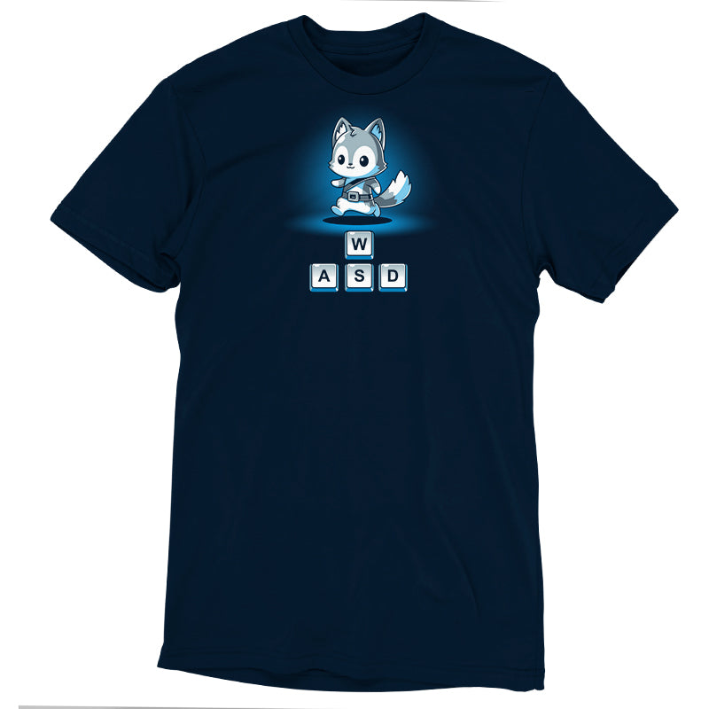 A navy blue t-shirt made from super soft ringspun cotton, featuring a cartoon fox character above the letter blocks "W," "A," "S," and "D"—a perfect nod to PC games. Introducing the Keys to Adventure by monsterdigital.