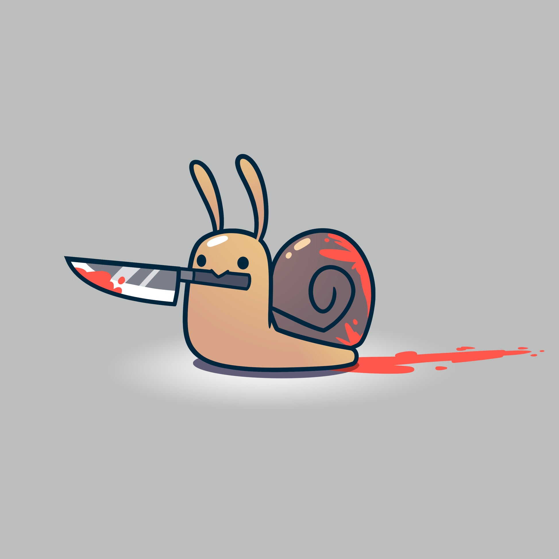 A cartoon snail with bunny ears holds a blood-stained knife in its mouth, leaving a trail of blood on the ground behind it. This eerie yet whimsical design is featured on the super soft cotton unisex tee, Killer Snail by monsterdigital, perfect for those who love unique and quirky fashion.