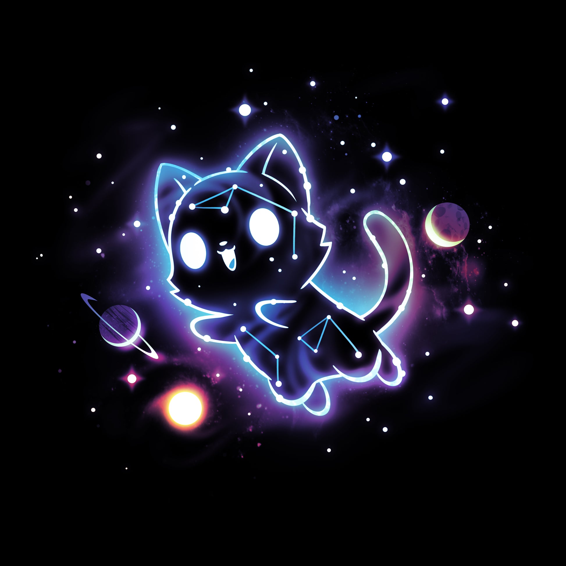 Premium Cotton T-shirt_TeeTurtle black Kitty Constellation apparel featuring a cat made out of constellations leaping into space with planets and stars in the background.