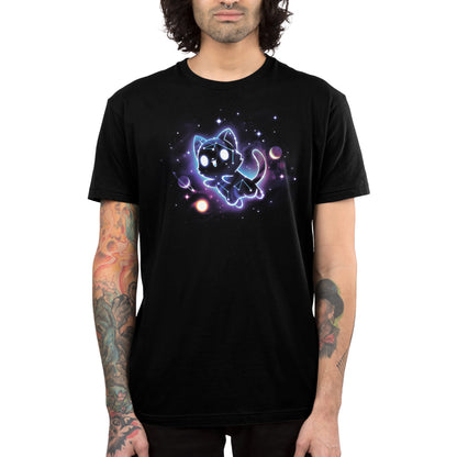 Premium Cotton T-shirt_TeeTurtle black Kitty Constellation apparel featuring a cat made out of constellations leaping into space with planets and stars in the background.