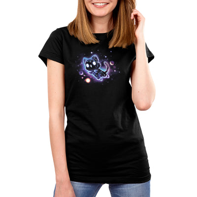 Premium Cotton T-shirt_TeeTurtle black Kitty Constellation apparel featuring a cat made out of constellations leaping into space with planets and stars in the background.