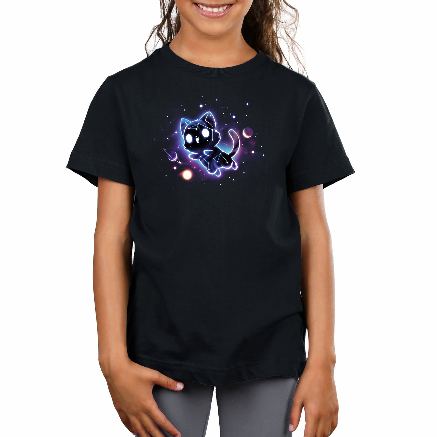 Premium Cotton T-shirt_TeeTurtle black Kitty Constellation apparel featuring a cat made out of constellations leaping into space with planets and stars in the background.