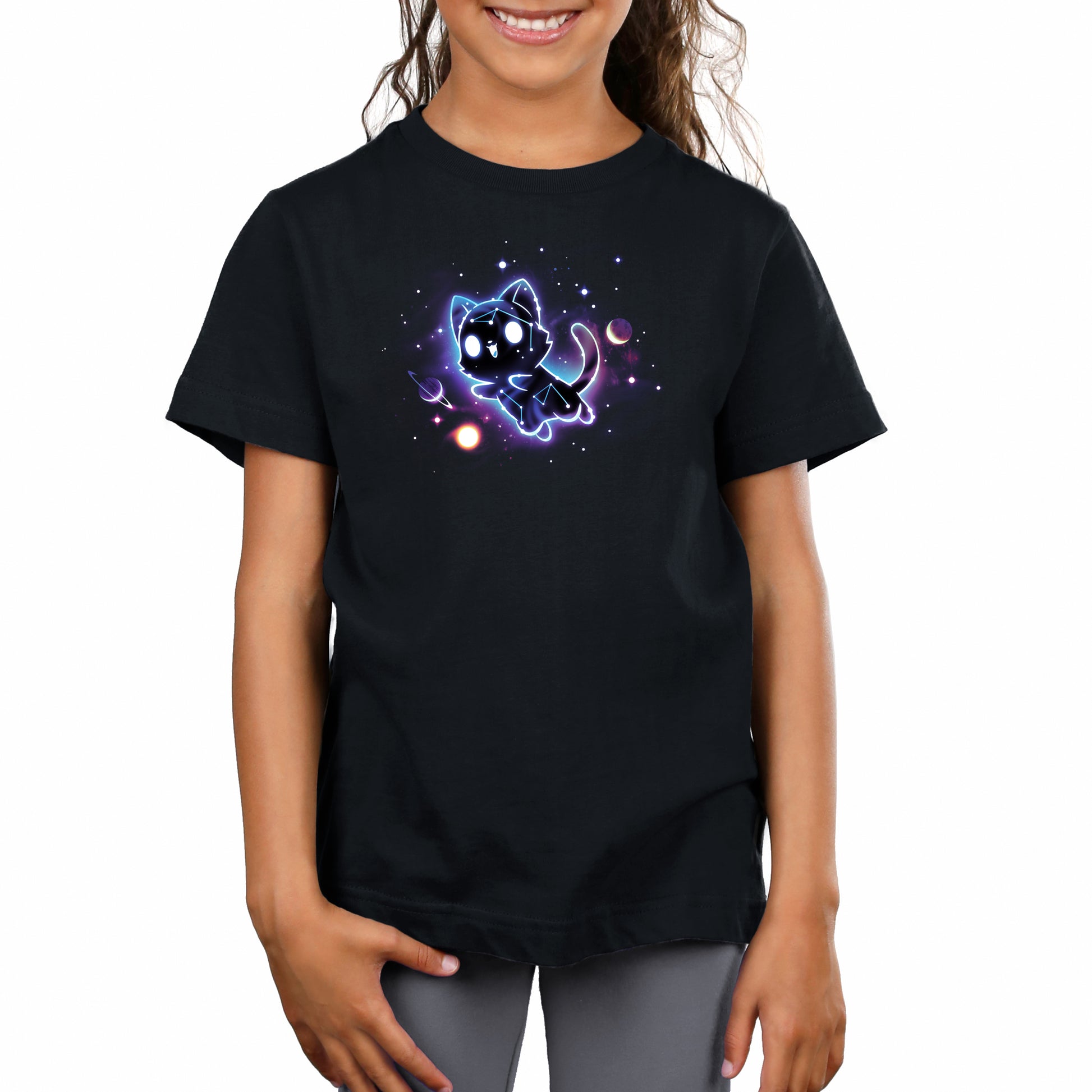 Premium Cotton T-shirt_TeeTurtle black Kitty Constellation apparel featuring a cat made out of constellations leaping into space with planets and stars in the background.
