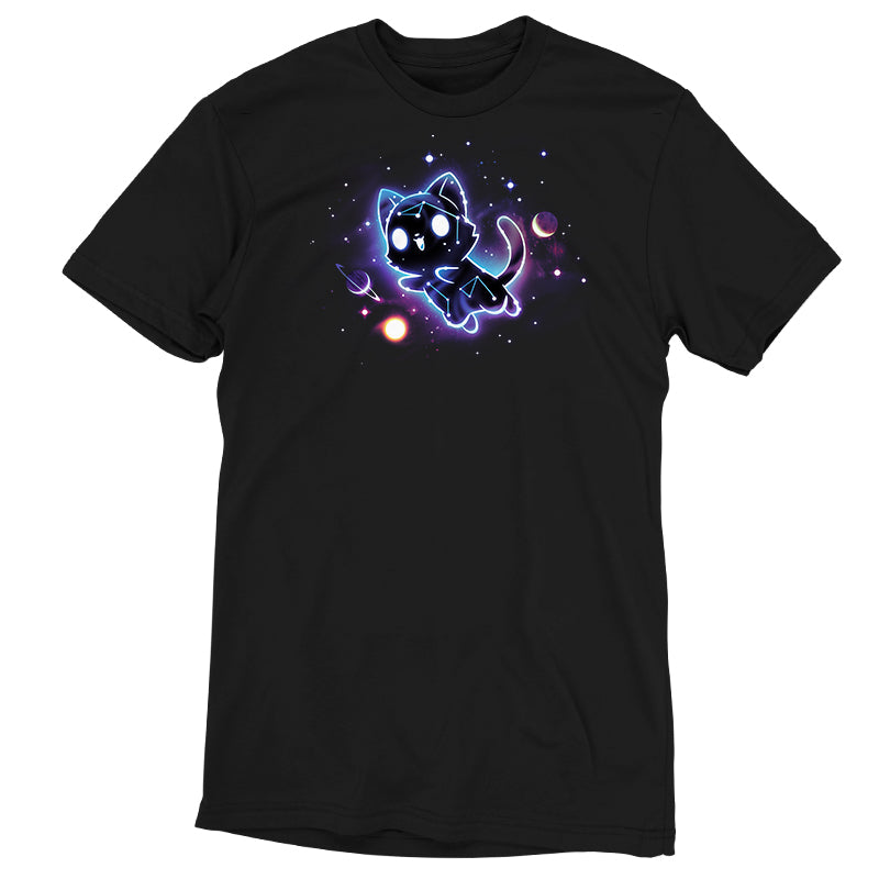 Premium Cotton T-shirt_TeeTurtle black Kitty Constellation apparel featuring a cat made out of constellations leaping into space with planets and stars in the background.