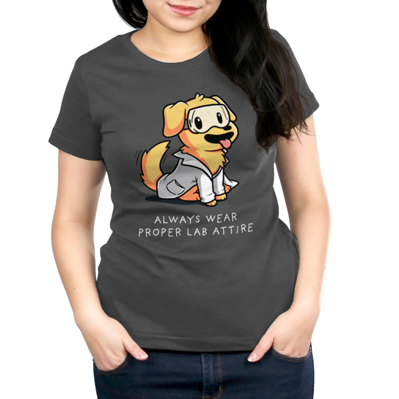 A person wearing a charcoal gray t-shirt featuring a cartoon dog in a lab coat with the text "Always Wear Proper Lab Attire" enjoys the super soft ringspun cotton fabric of the Lab Attire by monsterdigital.