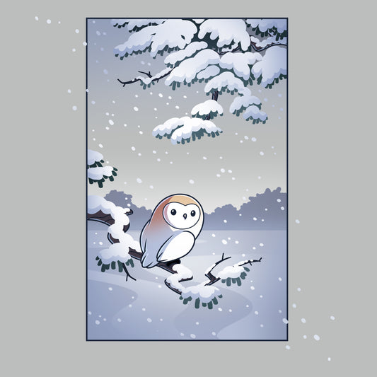 Premium Cotton T-shirt_TeeTurtle silver gray Snowy Owl apparel featuring a barn owl perched on a snowy branch with snow falling in the background.