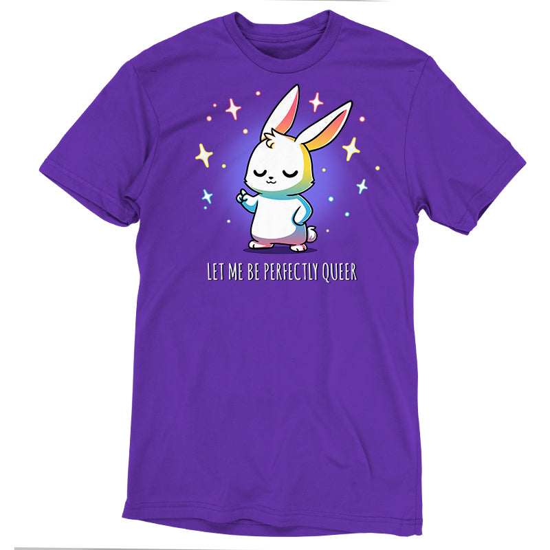 Premium Cotton T-shirt_TeeTurtle Let Me Be Perfectly Queer purple t-shirt featuring a confident rabbit with closed eyes, surrounded by stars.