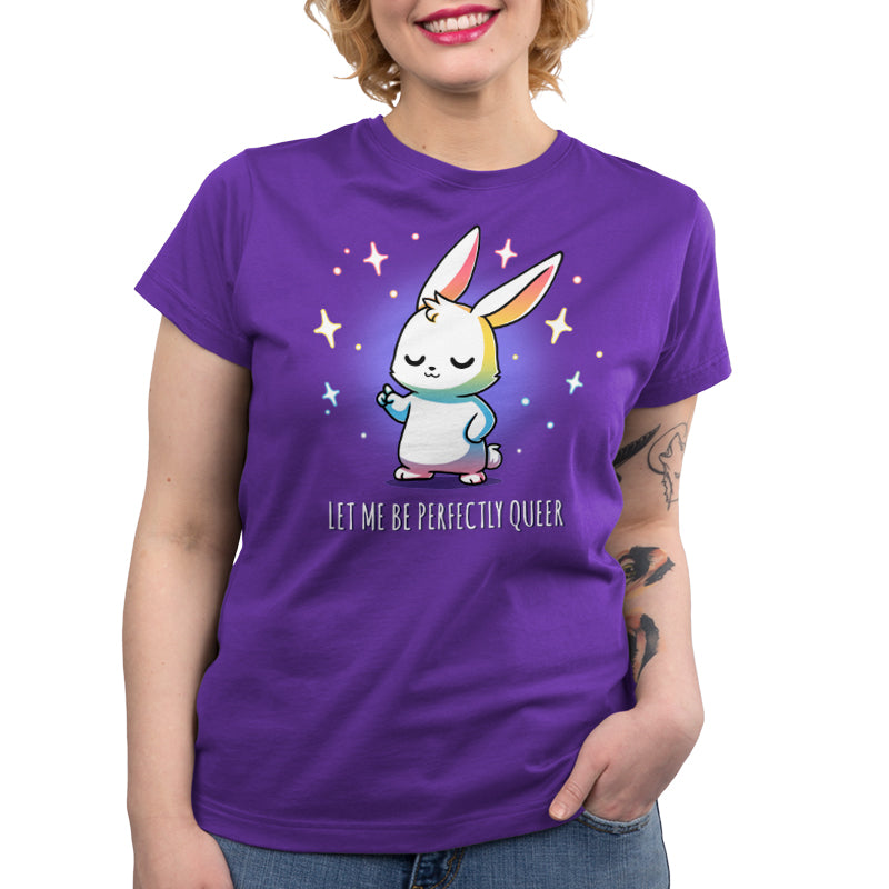 Premium Cotton T-shirt_TeeTurtle Let Me Be Perfectly Queer purple t-shirt featuring a confident rabbit with closed eyes, surrounded by stars.