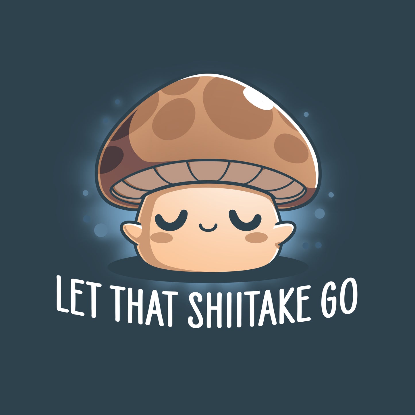 Premium Cotton T-shirt - A cartoon mushroom with a calm expression and the phrase "Let That Shiitake Go" below it, displayed on a dark blue background. This playful design adorns a denim blue apparel made from super soft ringspun cotton, ensuring both comfort and style. The Let That Shiitake Go by monsterdigital adds a whimsical touch to your wardrobe.