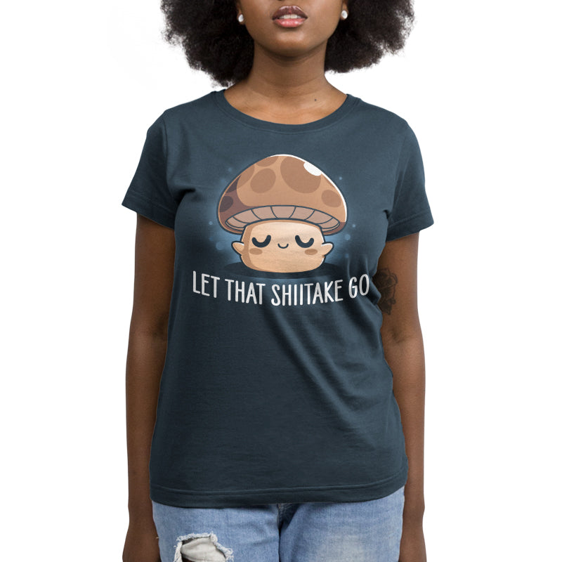 Premium Cotton T-shirt_TeeTurtle Let That Shiitake Go denim t-shirt featuring a cute zen mushroom with its eyes closed and a pun underneath it.