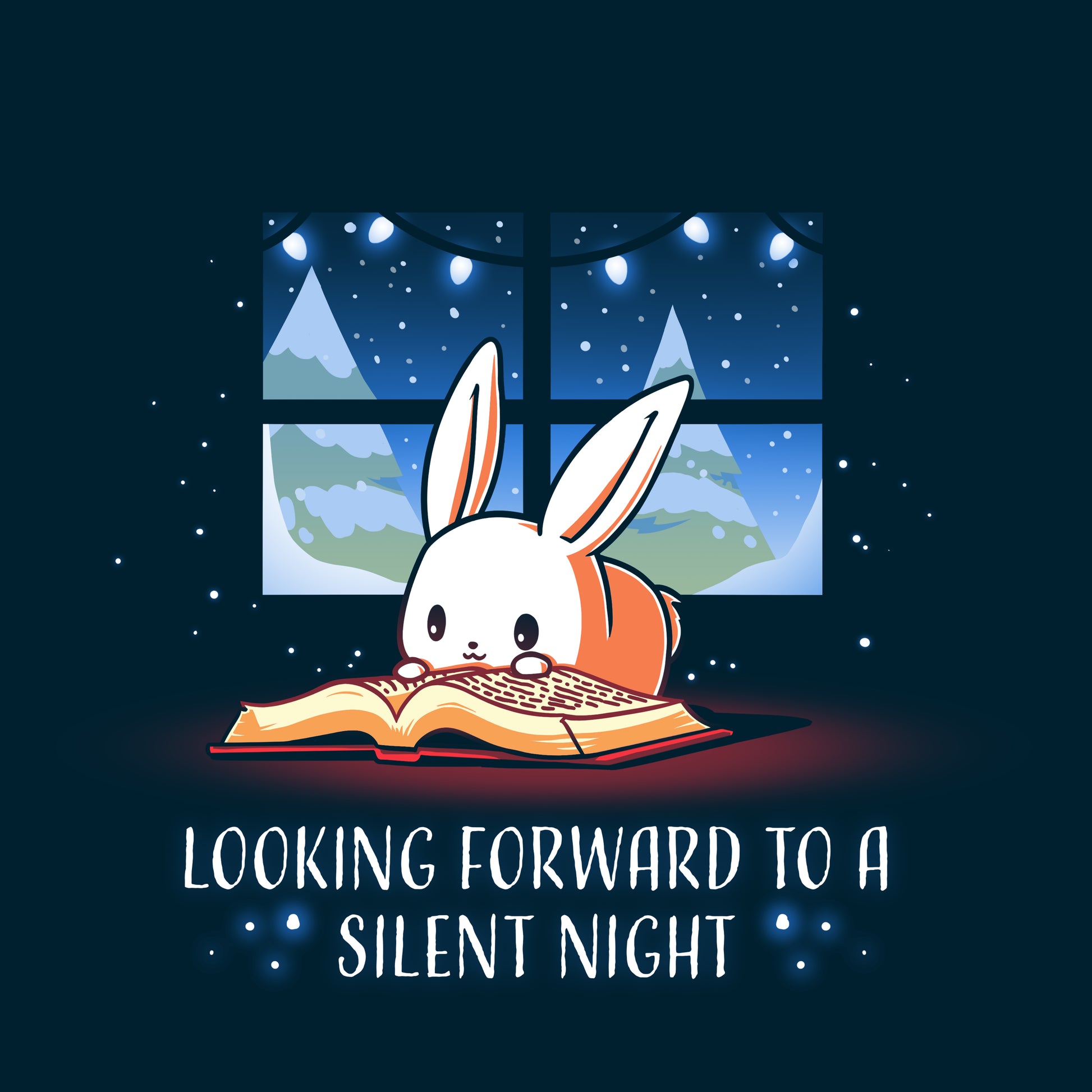 A cute bunny reading a book in front of a window, with snowy mountains visible outside. The text below reads, "Looking forward to a silent night." Perfect for cozy evenings, this design is printed on a super soft ringspun cotton unisex tee by monsterdigital.