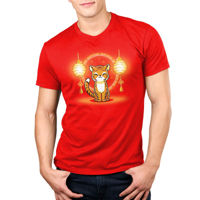 Premium Cotton T-shirt_Teeturtle Lunar New Year Tiger red apparel featuring a cute cartoon tiger sitting between a pair of Chinese New Year's paper lanterns.