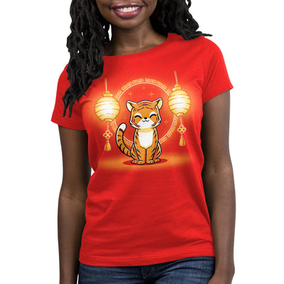 Premium Cotton T-shirt_Teeturtle Lunar New Year Tiger red apparel featuring a cute cartoon tiger sitting between a pair of Chinese New Year's paper lanterns.