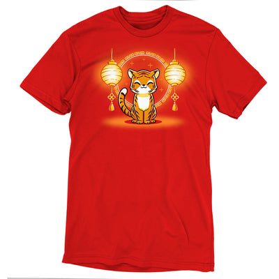 Premium Cotton T-shirt_Teeturtle Lunar New Year Tiger red apparel featuring a cute cartoon tiger sitting between a pair of Chinese New Year's paper lanterns.