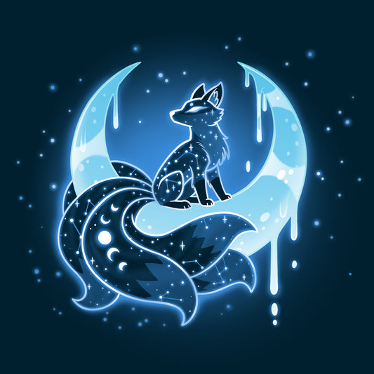 Premium Cotton T-shirt_TeeTurtle navy blue Lunar Kitsune apparel featuring a celestial kitsune perched on the cusp of a crescent moon with its points directed upwards with stars in the background.