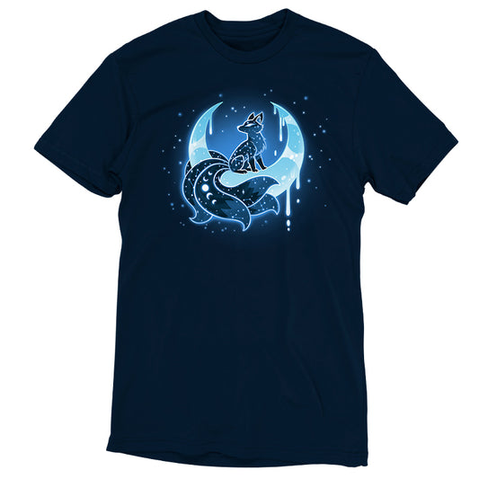 Premium Cotton T-shirt_TeeTurtle navy blue Lunar Kitsune apparel featuring a celestial kitsune perched on the cusp of a crescent moon with its points directed upwards with stars in the background.