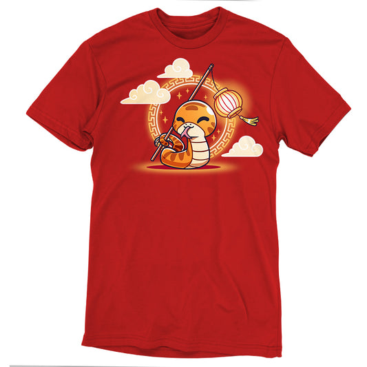 Premium Cotton T-shirt_TeeTurtle red Lunar New Year Snake apparel featuring a snake holding a stick with a lantern at the end with its tail with Lunar New Year elements in the background.