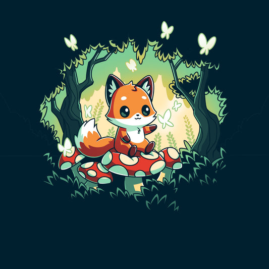 A cute cartoon fox sits on mushrooms in a forest clearing, surrounded by glowing butterflies and lush greenery, depicted on a monsterdigital Magical Forest t-shirt made from super soft ringspun cotton.
