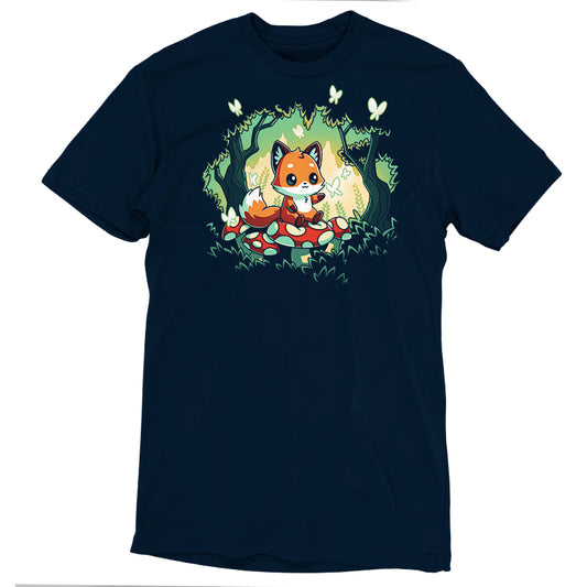 A navy blue monsterdigital original t-shirt featuring a cartoon fox sitting on a log in a magical forest, surrounded by butterflies and lush greenery. Made from super soft ringspun cotton, this Magical Forest t-shirt adds a touch of whimsy to your wardrobe.