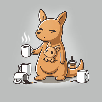 Premium Cotton T-shirt_TeeTurtle silver gray Mom’s Morning Coffee apparel featuring a kangaroo with its joey in its pouch, wherein the parent kangaroo is holding a cup of coffee and is surrounded by empty coffee cups.